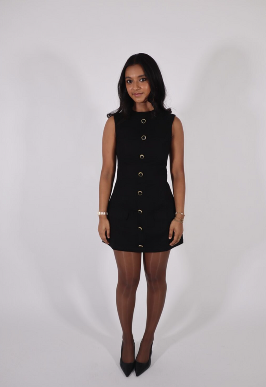 CLARA SLEEVELESS BUTTON-FRONT MINI DRESS IN BLACK