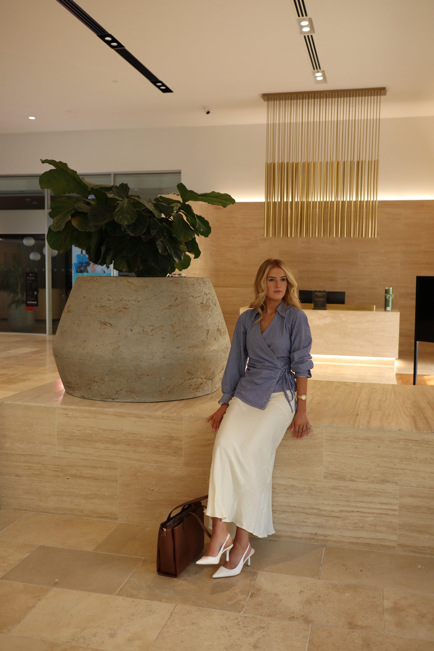 DELPHINE STRIPED RUCHED LONG SLEEVE BLOUSE