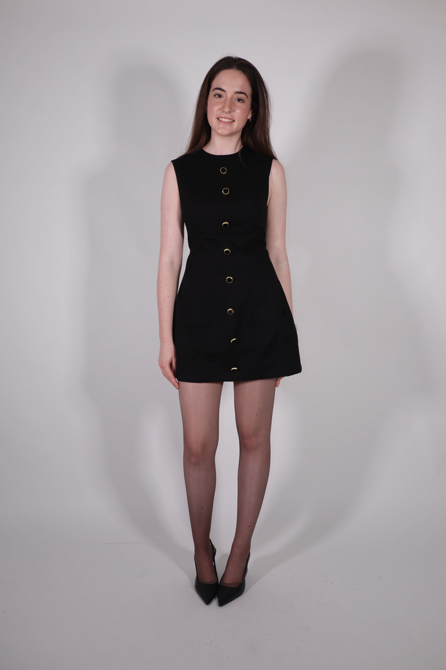 CLARA SLEEVELESS BUTTON-FRONT MINI DRESS IN BLACK
