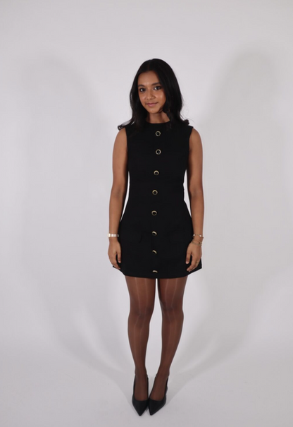 CLARA SLEEVELESS BUTTON-FRONT MINI DRESS IN BLACK